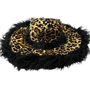 Elope Leopard Print Velvet Hat Adjustable Faux Fur Trim Wide Brim Wired Festival